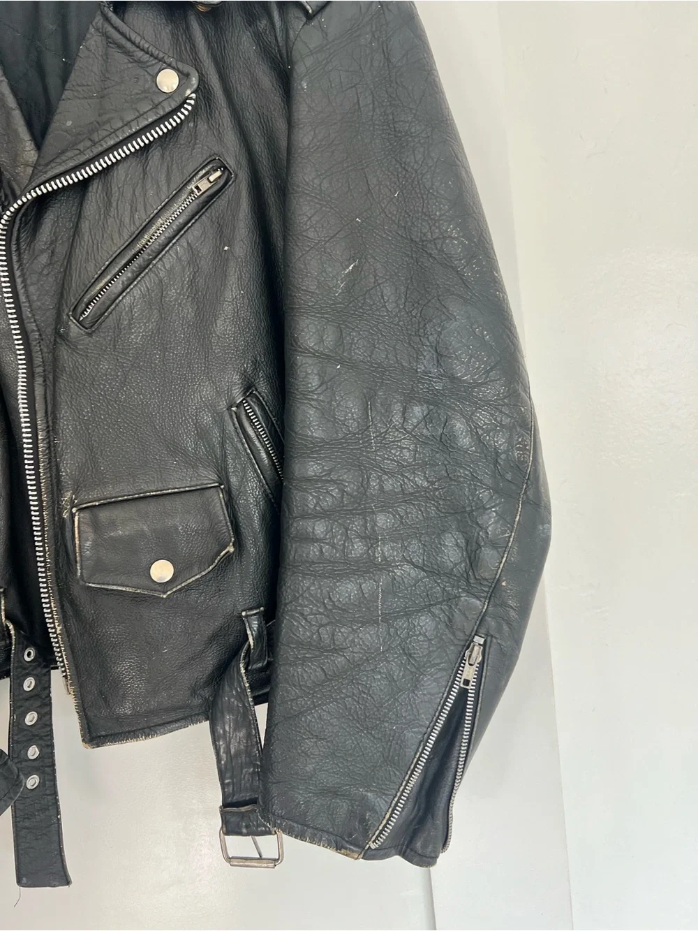 Classic Vintage Black Leather Biker Jacket - unisex oversized